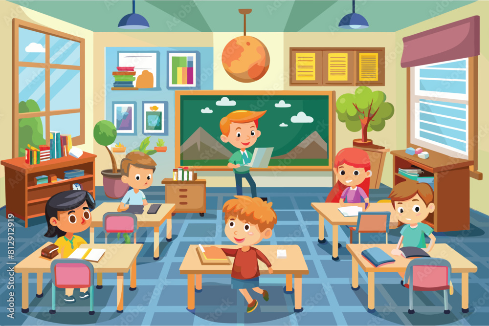 A group of children are seated at individual desks inside a classroom, Classroom Customizable Cartoon Illustration A group of children are seated at individual desks inside a classroom, Classroom Customizable Cartoon Illustration