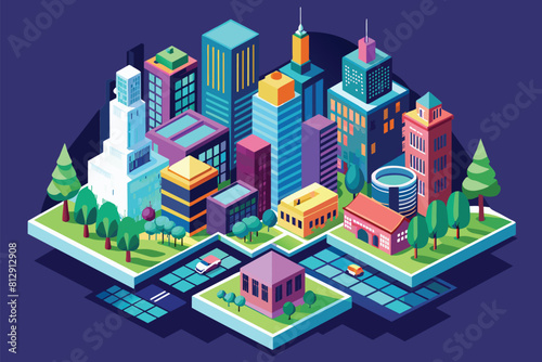A colorful city with numerous towering buildings creating a bustling skyline, City skyline Customizable Isometric Illustration © Iftikhar alam