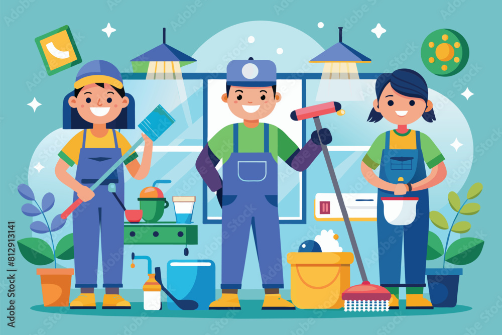 A couple of people standing in front of a window, looking outside, Cleaning service Customizable Disproportionate Illustration
