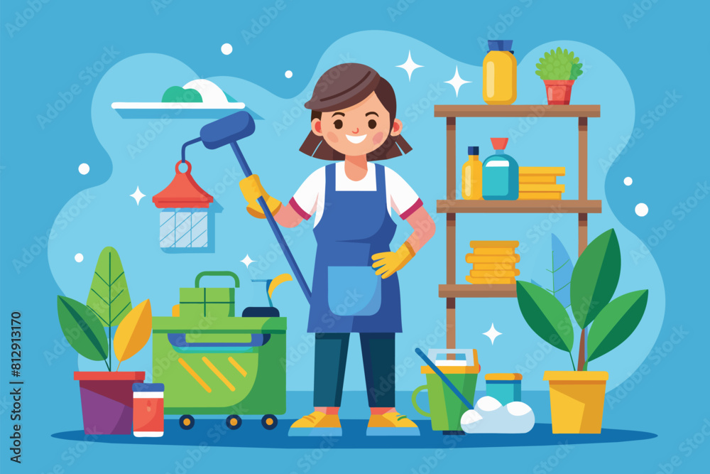 A woman in an apron is actively cleaning the house, Cleaning service Customizable Flat Illustration A woman in an apron is actively cleaning the house, Cleaning service Customizable Flat Illustration