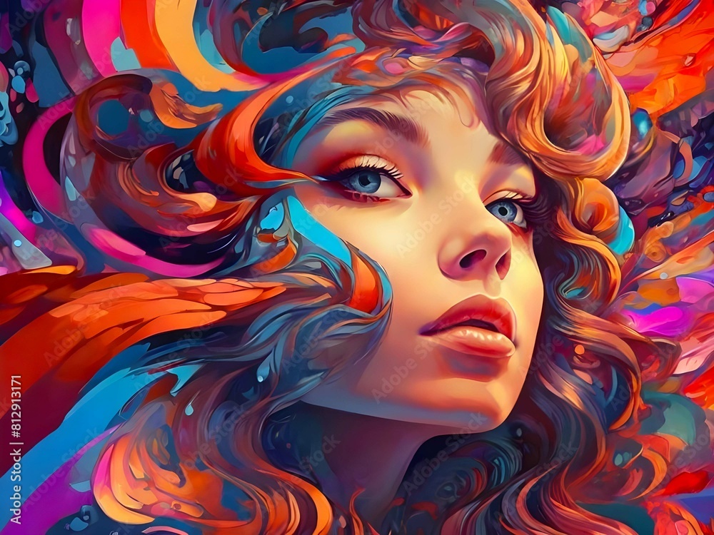 Teen girl immersed in a world of abstract, psychedelic art style ,colorful swirls, capturing the essence of youthful imagination and creativity. Teen girl immersed in a world of abstract, psychedelic art style ,colorful swirls, capturing the essence of youthful imagination and creativity.
