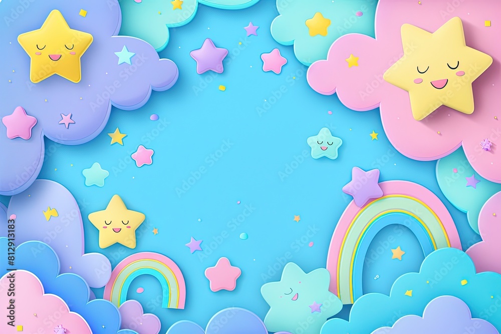 Cute Cartoon Frame Design with Blue Background and Star Border,Childrens Book Illustration Style Frame with Stars on Blue