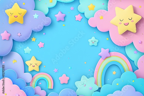 Cute Cartoon Frame Design with Blue Background and Star Border Childrens Book Illustration Style Frame with Stars on Blue