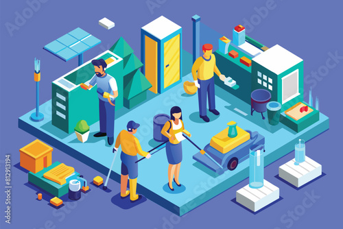 Several individuals gathered in a kitchen, conversing and interacting with each other, Cleaning service Customizable Isometric Illustration