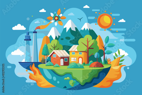 A small island with a lighthouse standing tall on top of it, overlooking the surrounding ocean, Climate change Customizable Semi Flat Illustration