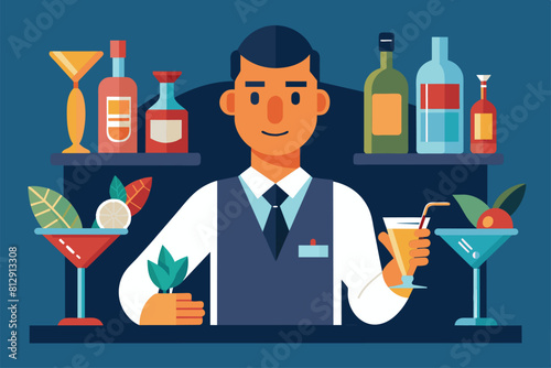 A man stands at a bar holding a drink in his hand, Cocktail bartender Customizable Flat Illustration