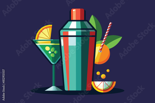 A bottle of alcohol stands next to a cocktail glass on a table, Cocktail shaker Customizable Disproportionate Illustration