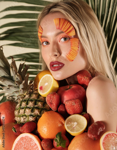 Tropical Elegance: Aesthetic Blonde Woman Poses with Vibrant Tropical Fruits in Colorful Moments