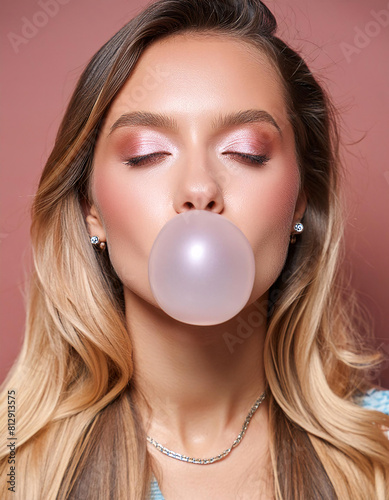 Playful Beauty: Aesthetic Blonde Women Making Gum Balloons in Colorful, Seductive Moments