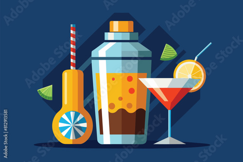 A bottle of alcohol placed next to a cocktail glass on a table, Cocktail shaker Customizable Flat Illustration