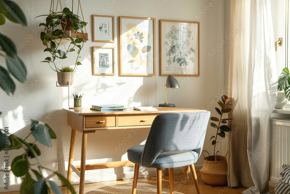 Fototapeta premium Relaxing Home Office with Empty Poster and Wooden Desk,Feminine Workspace with Pastel Tones and Empty Poster