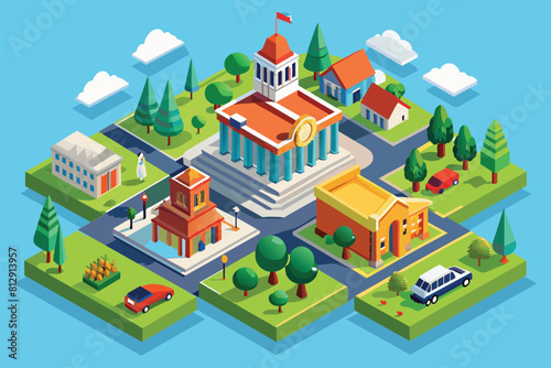 A small town featuring numerous buildings and trees, creating a vibrant and dynamic urban landscape, College admission Customizable Isometric Illustration