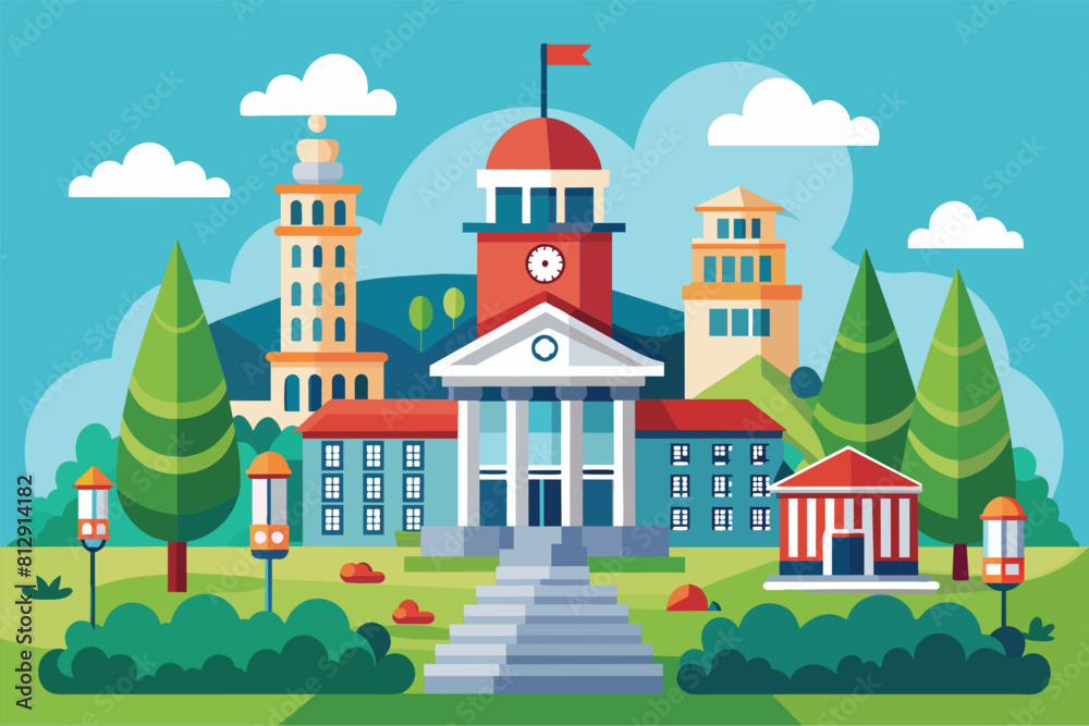 A college campus building with a clock tower on top, standing tall and prominent, College campus Customizable Flat Illustration