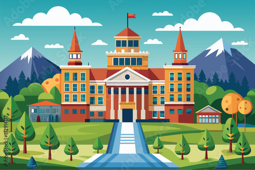 A college campus building with a flag waving on top, under clear sky, College campus Customizable Flat Illustration