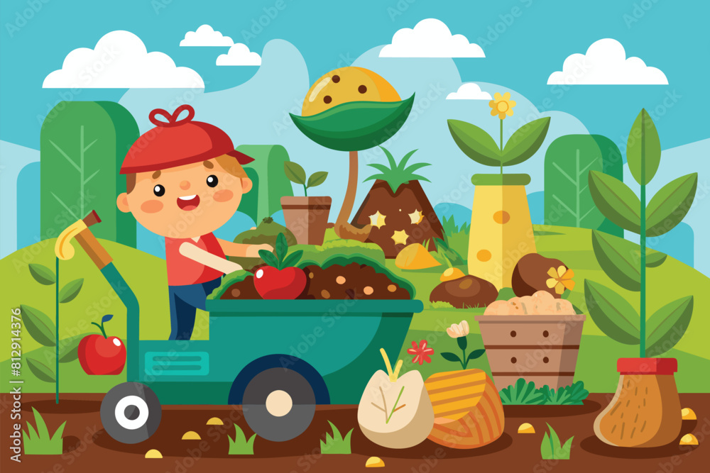 Obraz premium A boy is pushing a wheelbarrow filled with various fresh vegetables, Compost cycle Customizable Cartoon Illustration