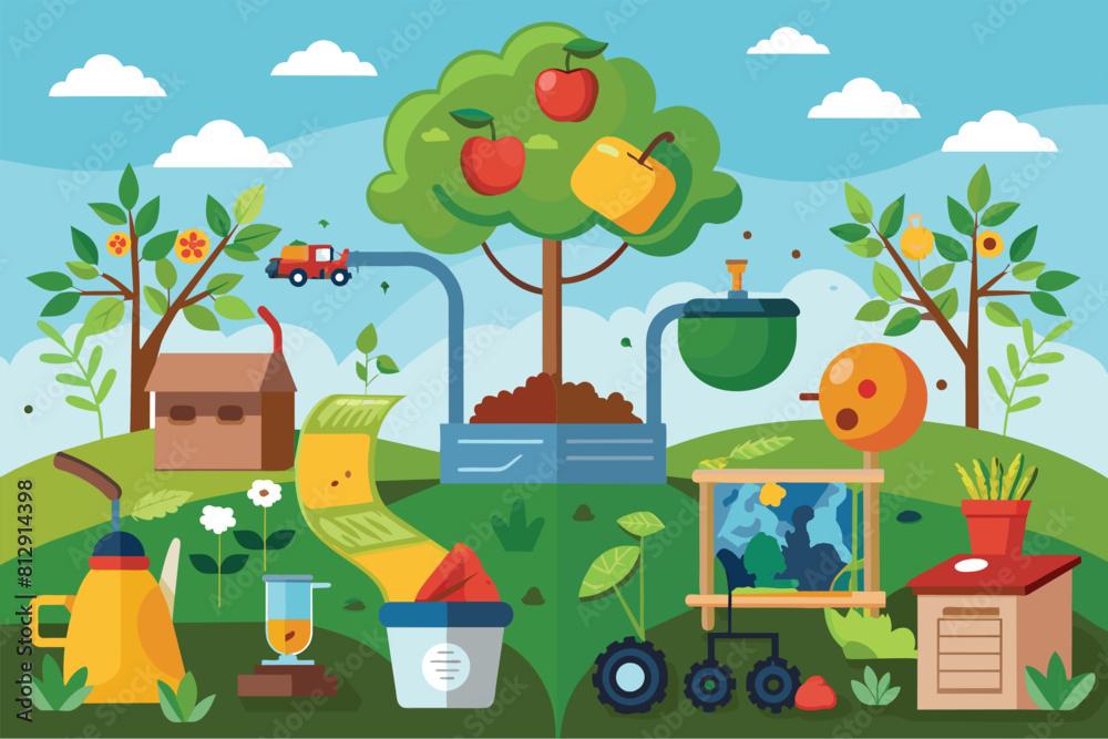 Detailed illustration of a diverse garden with various trees, plants, and elements like flowers and a bench, Compost cycle Customizable Disproportionate Illustration Detailed illustration of a diverse garden with various trees, plants, and elements like flowers and a bench, Compost cycle Customizable Disproportionate Illustration