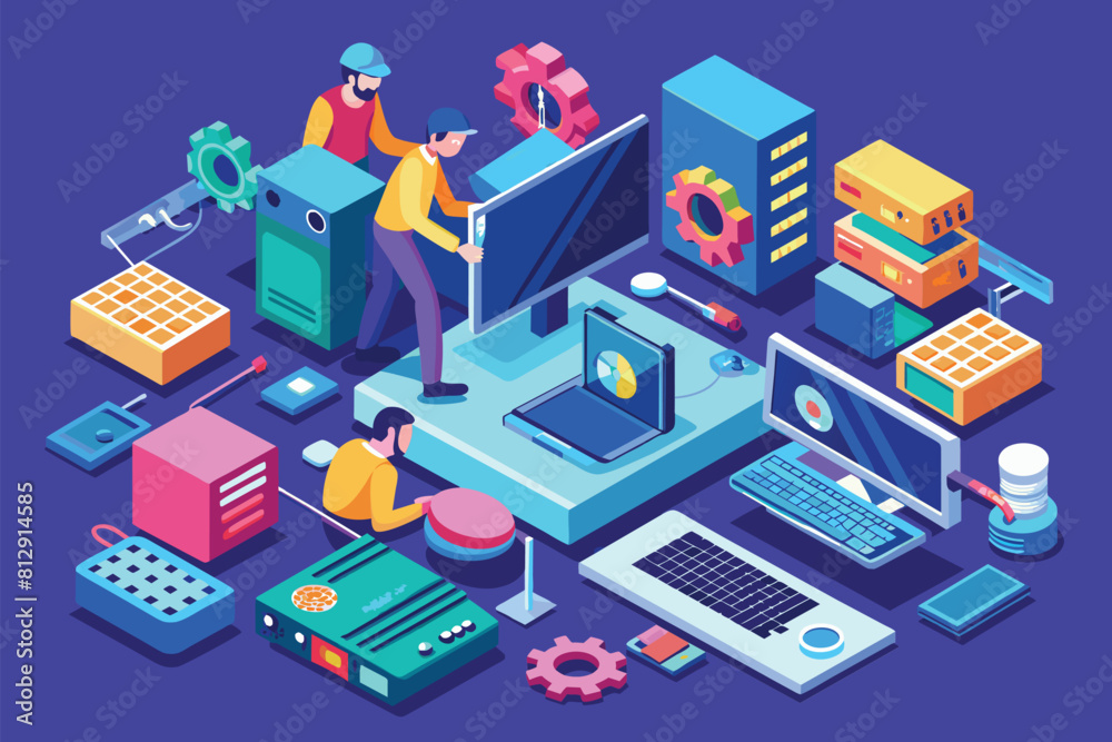 A man standing in front of a computer, troubleshooting with a customizable isometric illustration, Computer troubleshooting Customizable Isometric Illustration A man standing in front of a computer, troubleshooting with a customizable isometric illustration, Computer troubleshooting Customizable Isometric Illustration