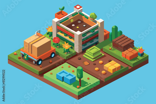 Low polygonal rendering of a modern building with sharp angles and defined edges, Compost cycle Customizable Isometric Illustration