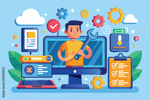 A man holds a wrench while standing in front of a computer, indicating he is troubleshooting or repairing the device, Computer troubleshooting Customizable Flat Illustration