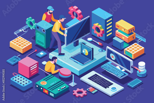 A man standing in front of a computer, troubleshooting with a customizable isometric illustration, Computer troubleshooting Customizable Isometric Illustration