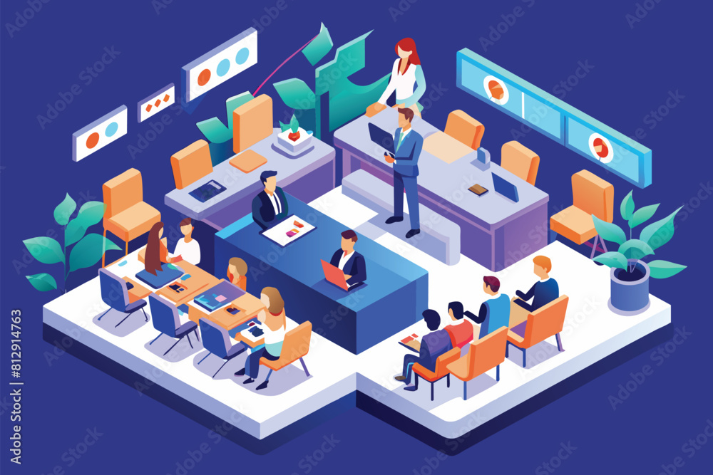 Illustration of a conference table with individuals seated around it, engaged in discussion or collaboration, Conference Customizable Isometric Illustration Illustration of a conference table with individuals seated around it, engaged in discussion or collaboration, Conference Customizable Isometric Illustration