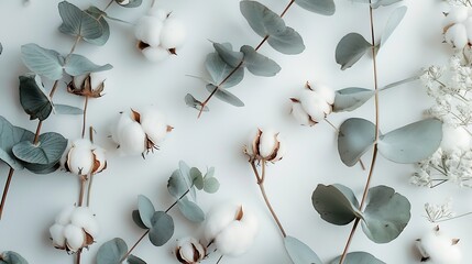 Flowers composition Fresh eucalyptus branches and cotton flowers Flat lay top view : Generative AI
