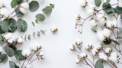 Flat lay flowers composition Frame made of cotton flowers and fresh eucalyptus twigs on light gray background Top view copy space Delicate white cotton flowers Floral background greeti : Generative AI