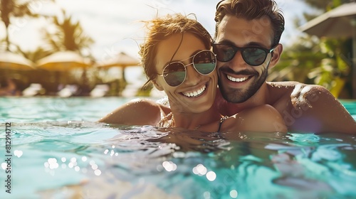 smiling happy couple having fun together in resort swimming pool summer vacation getaway travel banner with copy space : Generative AI © Generative AI