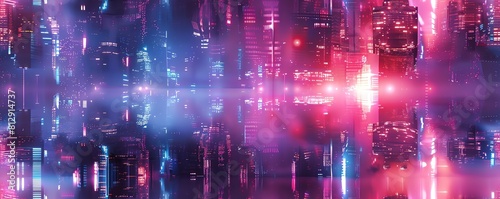 Immerse in a sleek, metallic metropolis where neon lights dance on reflective surfaces under a chromatic sky, capturing dynamic skyscrapers grandeur and futuristic hovercar traffic photo