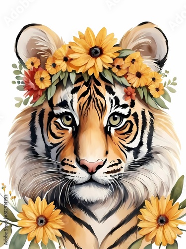 Baby Tiger Flower Crown Bowties Woodland Animal Nursery Decor  Generative AI Illustration 