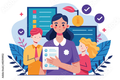 A woman stands in front of a group, holding a clipboard and engaging in conversation, Consent Customizable Semi Flat Illustration © Iftikhar alam