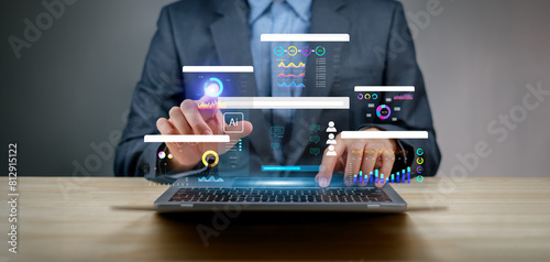 Artificial Intelligence AI data tech analytics for kpi accounting big complex business, technology algorithm system software website tool write command prompt digital internet support chart analysis