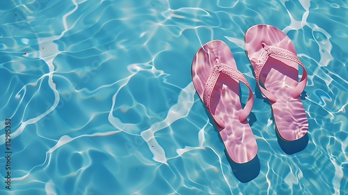 Summer vacation Pink sandals by swimming pool Blue sea surface with waves texture water Flat mock up for design : Generative AI photo