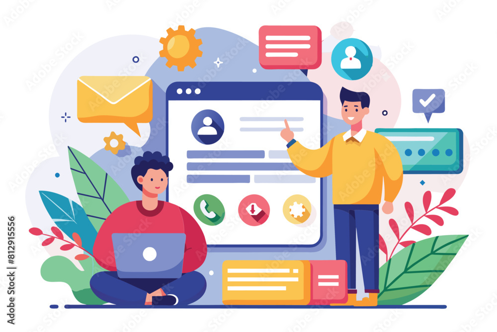 Two individuals seated in front of a massive digital display, Contact us Customizable Disproportionate Illustration Two individuals seated in front of a massive digital display, Contact us Customizable Disproportionate Illustration