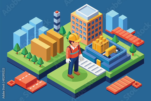 A man stands on a green field next to a building, Construction worker Customizable Isometric Illustration