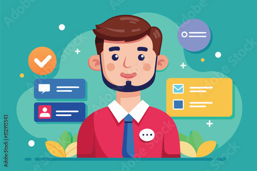 A man with a beard confidently wears a tie, Contact us Customizable Cartoon Illustration