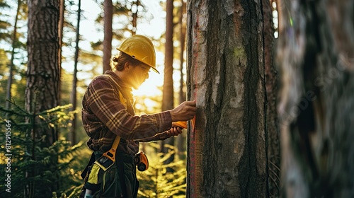 Forestry worker measuring and marking trees,