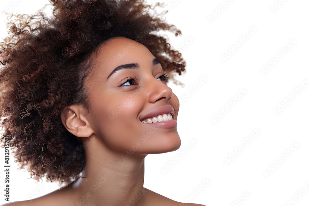 Portrait of satisfied glad lovely lady beaming smile look empty space on transparent background Portrait of satisfied glad lovely lady beaming smile look empty space on transparent background