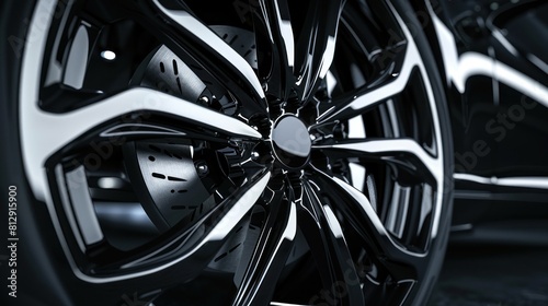 Closeup black silver polished of car aluminum rims and wheels on dark background. Generated AI photo