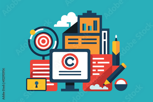 Various different items arranged on a bright blue background, Copyright Customizable Semi Flat Illustration