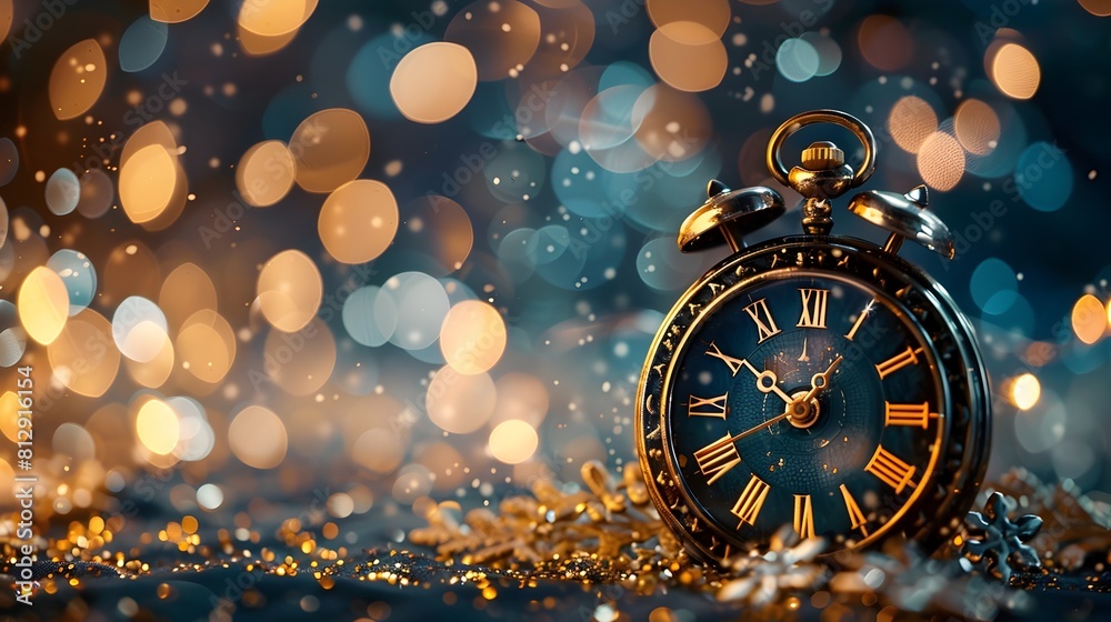 Iconic Countdown to Midnight Vintage Golden Clock on Sparkling Bokeh Background for Celebrating the New Year