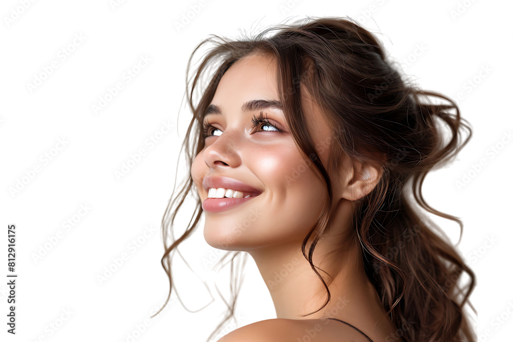 Portrait of satisfied glad lovely lady beaming smile look empty space on transparent background Portrait of satisfied glad lovely lady beaming smile look empty space on transparent background