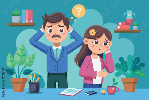 Couple Standing in Front of Desk With Question Mark, Couple stress Customizable Cartoon Illustration