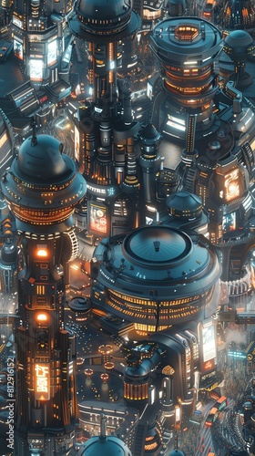 Capture a high-angle view of a bustling fantasy metropolis Merge intricate robotic elements seamlessly into the cityscape © panyawatt