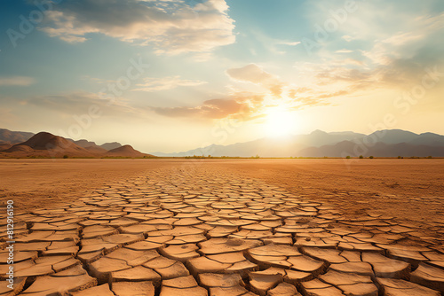 Dry, cracked soil in a droughtstricken area, with a distant view of mountains and a hot sun overhead