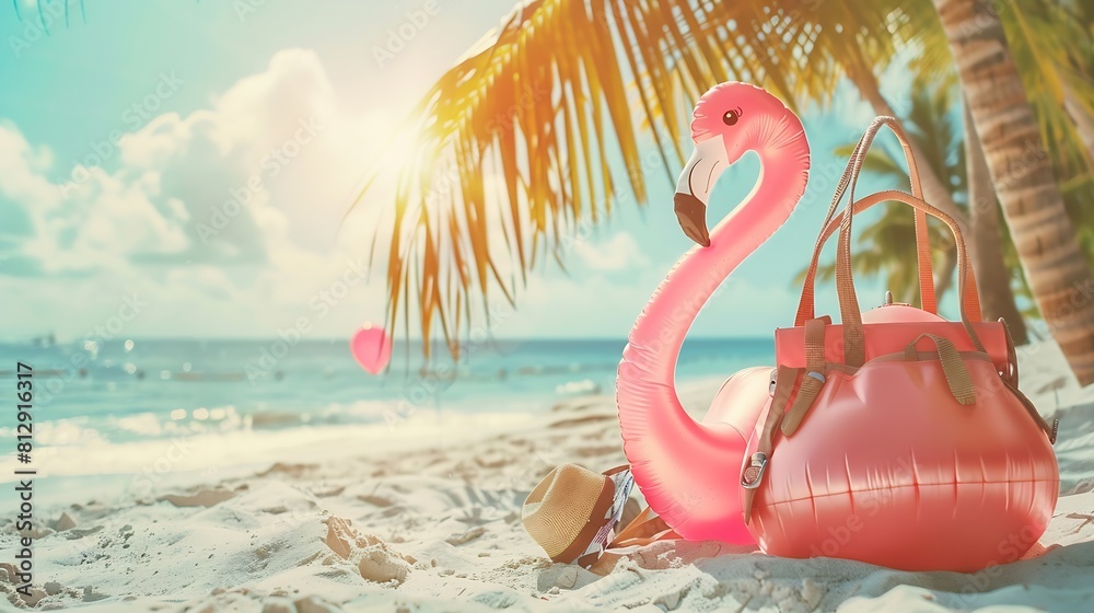 Beach bag with accessories and cute inflatable flamingo on a tropical beach summer vacations and travel concept : Generative AI Beach bag with accessories and cute inflatable flamingo on a tropical beach summer vacations and travel concept : Generative AI