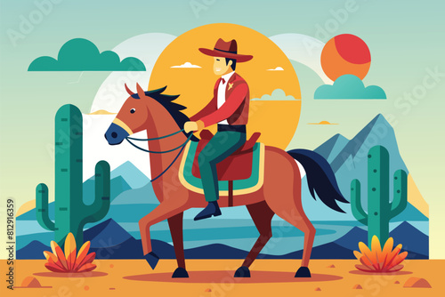 A man wearing cowboy attire is riding on the back of a brown horse  Cowboy on horse Customizable Flat Illustration