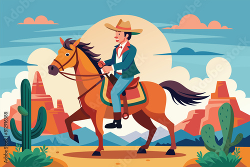 A man in cowboy attire riding on the back of a brown horse, Cowboy on horse Customizable Flat Illustration