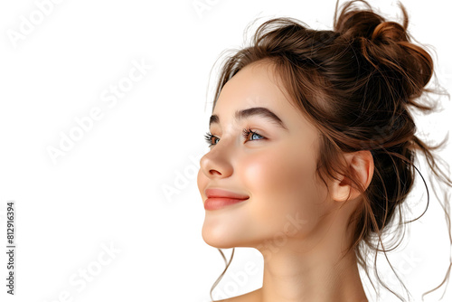 Portrait of satisfied glad lovely lady beaming smile look empty space on transparent background