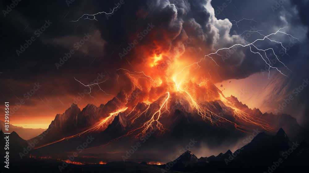 Volcano during a thunderstorm, with lightning striking near the erupting crater, adding a dramatic and chaotic element to the scene